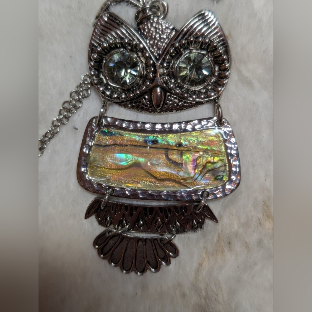 Cookie Lee Owl Pendant Necklace with Abalone Inlay & Prasiolite Crystal Eyes